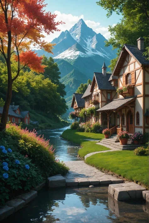 a small village by the river, mountains in the background, floral flowers colorful, detailed landscape, Beautiful natural landscapes, atmospheric lighting, scorching sunset, warm colours, practical, photopractical, Detailed Foliage, complex buildings, cobb...
