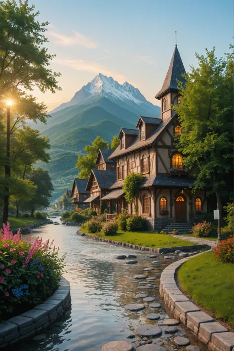 a small village by the river, mountains in the background, floral flowers colorful, detailed landscape, Beautiful natural landscapes, atmospheric lighting, scorching sunset, warm colours, practical, photopractical, Detailed Foliage, complex buildings, cobb...