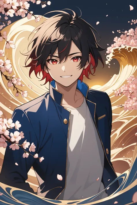,great performance,A young man with medium hair, black hair, red hair, glowing red eyes with a confident smile. He wears a blue jacket with a red cut, with floating cherry blossoms and a golden sea wave background.