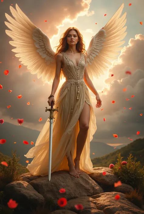 Painting of Raphael style, Beautiful armed angel holding up a sword, dawn, skies, A lot of rose petals fall