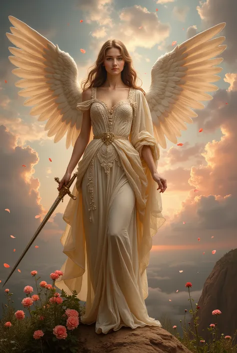 Painting of Raphael style, Beautiful armed angel holding up a sword, dawn, skies, A lot of rose petals fall