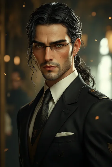 A tall, fit 32-year-old man in tight glasses with a thin dark frame with long black hair, with a ponytail and gray eyes, wearing a black business suit with tie and a white shirt, facial features are aristocratic and highly intelligent.