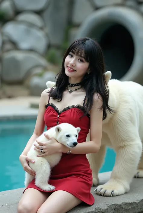 Create a portrait of a stunning Japanese female singer. She has a slender physique, small breasts, and thin legs. Her long hair features bangs, and she wears a red Gothic-style mini dress complemented by Gothic makeup. The scene captures her smiling while ...