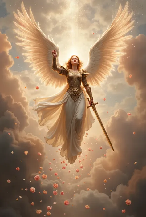 Painting of Raphael style, A beautiful, armed angel waving up a sword, dawn, descends with many rose petals, A lot of rose petals fall