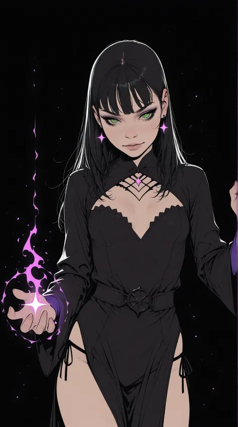 HDR, 8K, high contrast, masterpiece, best quality, amazing quality, very aesthetic, realistic, newest, volumetric lighting, (flat colors:2), ((black background)), (incase:0.3), (tsuaii:0.3),
1girl, solo, sexy witch girl, perfect face, thick eyeliner, small...