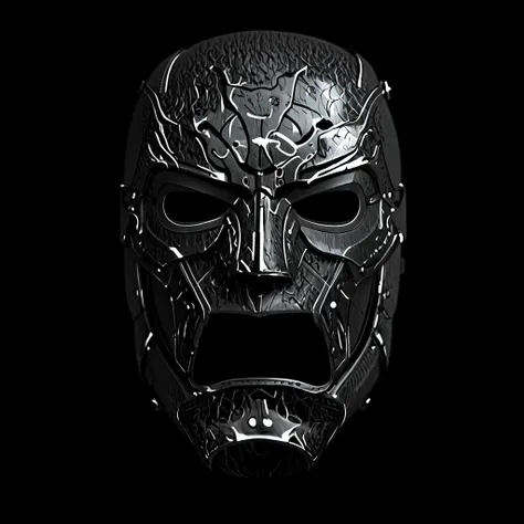 a close up of a mask with a black background, metal mask, winter soldier mask, face of an armored villian, iron mask and helmet, domino mask, black mask, black octane render, broken mask, metal jaw, mask, chrome mask, dark supervillain, the mask is broken,...