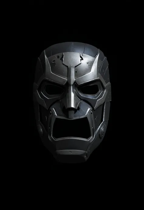 a close up of a mask with a black background, metal mask, winter soldier mask, face of an armored villian, iron mask and helmet, domino mask, black mask, black octane render, broken mask, metal jaw, mask, chrome mask, dark supervillain, the mask is broken,...