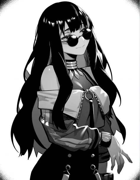 by hxd, monochrome, 1girl, solo, tenochtitlan \(second ascension\) \(fate\), long hair, black hair, sidelocks, wavy hair, eyeliner, jewelry, o-ring, neck ring, buttons, round sunglasses, bracelet, bare shoulders, green jacket, closed jacket, off shoulder, ...