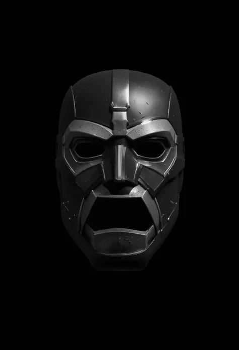 a close up of a mask with a black background, metal mask, winter soldier mask, face of an armored villian, iron mask and helmet, domino mask, black mask, black octane render, broken mask, metal jaw, mask, chrome mask, dark supervillain, the mask is broken,...