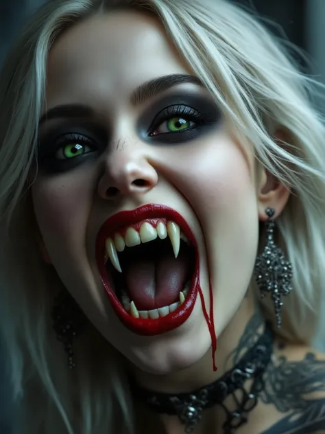Create an image of a mouth gaping vampire woman with detailed silver hair, green eyes, long vampire teeth, red blobs drops at lip and teeths, adorned with intricate ear jewelry. The vampire woman has a tattoo or design on the skin that is elaborate and pos...