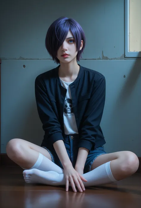 highly detailed, ultra-detailed, finely crafted features, Cinematic lighting,  photorealistic, Moody Atmosphere,  a young girl, ((short blue-purple hair covering left side of her face: covering one eye)), ((blue- purple eye)), calm face features, Beautiful...