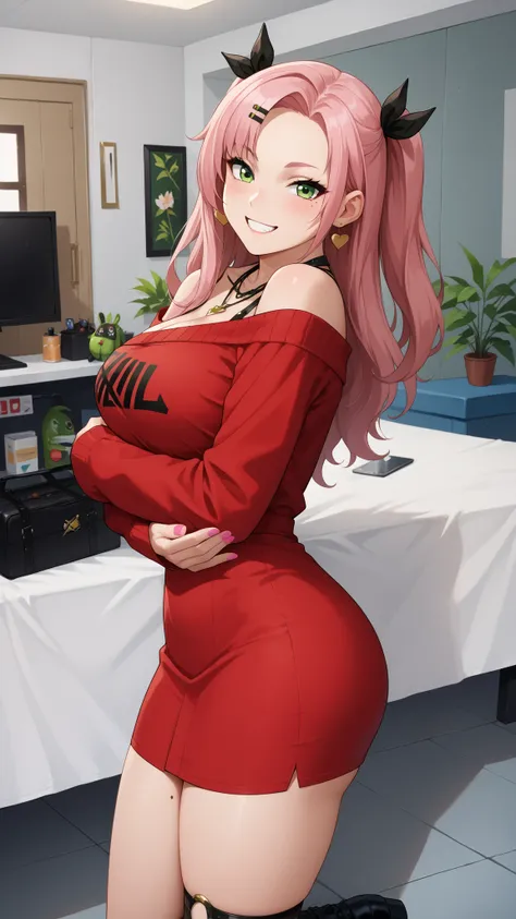 Girls smile, fair skin, long hair, big , big breats, big ass, big butt, sexy body, sexy girls, thic body, beautiful girls, dress, red dress colors, nails colors, pink nails colors, in room, indoor, sexy pose, ultra realistic graphic, gaze looking at the ca...