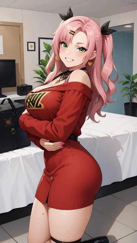Girls smile, fair skin, long hair, big , big breats, big ass, big butt, sexy body, sexy girls, thic body, beautiful girls, dress, red dress colors, nails colors, pink nails colors, in room, indoor, sexy pose, ultra realistic graphic, gaze looking at the ca...
