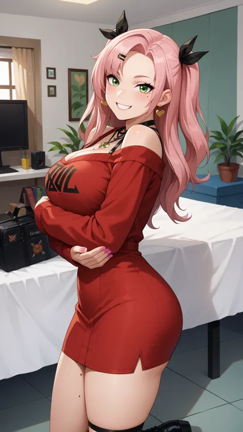 Girls smile, fair skin, long hair, big , big breats, big ass, big butt, sexy body, sexy girls, thic body, beautiful girls, dress, red dress colors, nails colors, pink nails colors, in room, indoor, sexy pose, ultra realistic graphic, gaze looking at the ca...