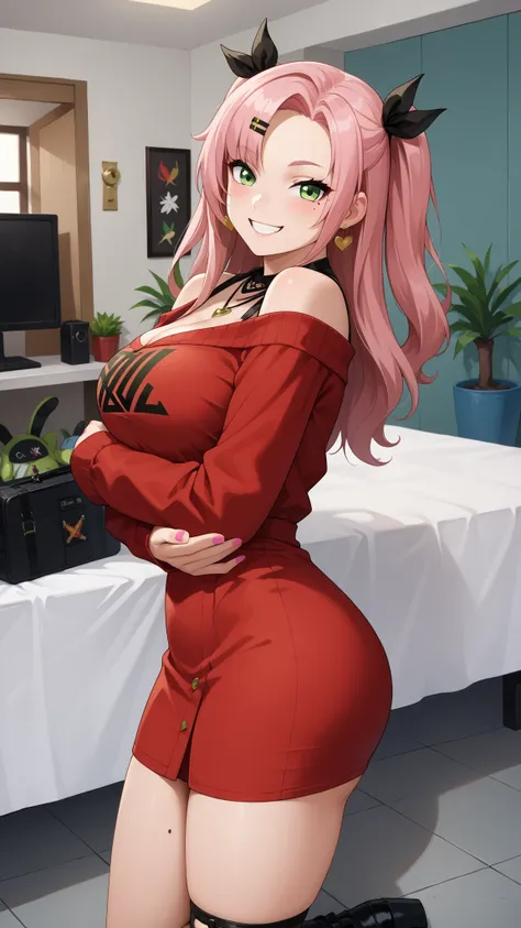 Girls smile, fair skin, long hair, big , big breats, big ass, big butt, sexy body, sexy girls, thic body, beautiful girls, dress, red dress colors, nails colors, pink nails colors, in room, indoor, sexy pose, ultra realistic graphic, gaze looking at the ca...