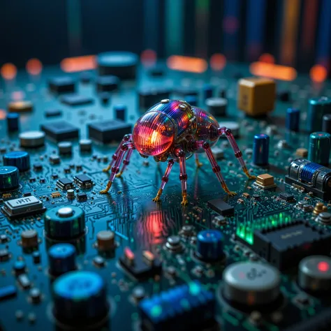A photorealistic rendering of a single, highly detailed nanorobot, reminiscent of the visual style of Minority Report, meticulously positioned on the surface of a complex, intricately designed motherboard. The nanobot, approximately 100 microns in size, ex...