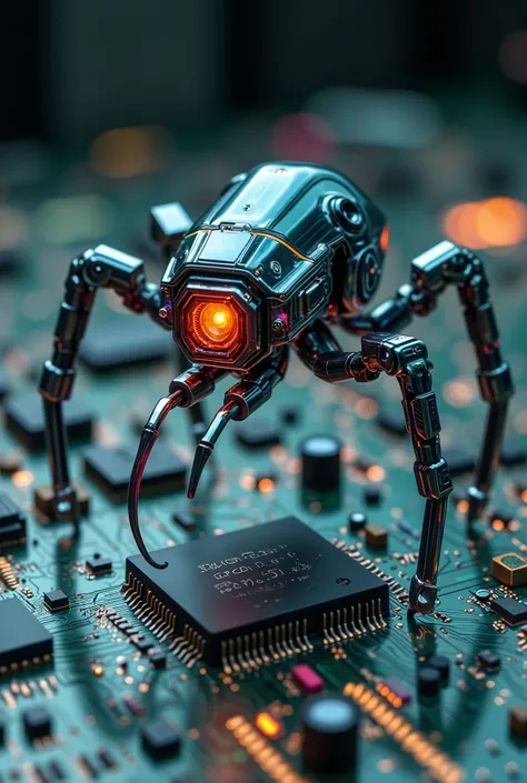 A photorealistic rendering of a single, highly detailed nanorobot, reminiscent of the visual style of Minority Report, meticulously positioned on the surface of a complex, intricately designed motherboard. The nanobot, approximately 100 microns in size, ex...