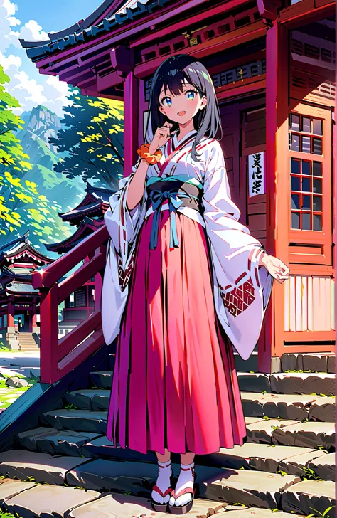 score_9, score_8_up, score_7_up, source_anime, It's because of Rikkata, black hair with a young pattern, blue eyes, long hair, orange scrunch, scrunchie,  Wrist Scrunches , smile,cover,Open Your Mouth,Orange wrist scrunch, Shrine maiden,  kimono, object,  ...