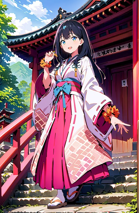score_9, score_8_up, score_7_up, source_anime, It's because of Rikkata, black hair with a young pattern, blue eyes, long hair, orange scrunch, scrunchie,  Wrist Scrunches , smile,cover,Open Your Mouth,Orange wrist scrunch, Shrine maiden,  kimono, object,  ...