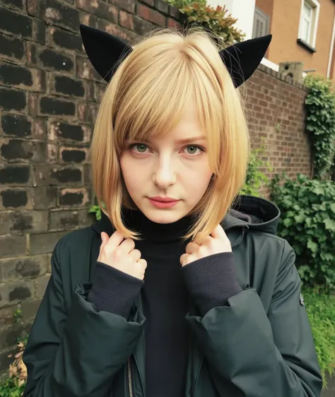 A girl with golden hair and cat ears, wears a dark hooded jacket and a tall sweater, looks directly at the camera with an angry or surprised expression, in an outdoor environment with a brick wall and green vegetation in the background.