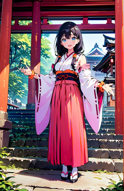 score_9, score_8_up, score_7_up, source_anime, It's because of Rikkata, black hair with a young pattern, blue eyes, long hair, orange scrunch, scrunchie,  Wrist Scrunches , smile,cover,Open Your Mouth,Orange wrist scrunch, Shrine maiden,  kimono, object,  ...
