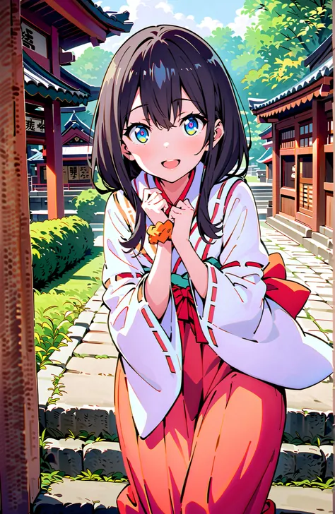 score_9, score_8_up, score_7_up, source_anime, It's because of Rikkata, black hair with a young pattern, blue eyes, long hair, orange scrunch, scrunchie,  Wrist Scrunches , smile,cover,Open Your Mouth,Orange wrist scrunch, Shrine maiden,  kimono, object,  ...