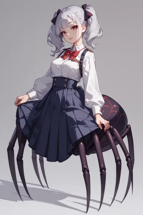 Arachne、the upper body is a girl in uniform、 lower body spider、The lower body is completely spider、 Silver Hair、twin tails、high school girl、full body