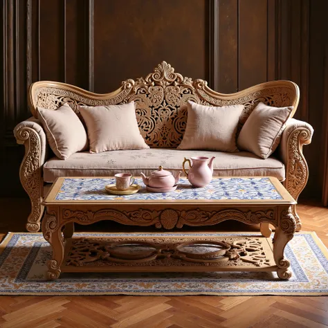 mughal, aka mughal, I want you to design a furniture suitable for Mughal architecture, so that the details of this furniture are clear. Let the furniture wooden carved flooring be decorated with geometric patterns printed with ajrap. Let this Furniture be ...