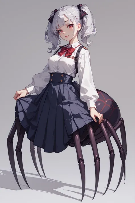 Arachne、the upper body is a girl in uniform、 lower body spider、The lower body is completely spider、 Silver Hair、twin tails、high school girl、full body