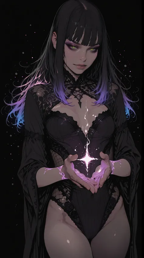HDR, 8K, high contrast, masterpiece, best quality, amazing quality, very aesthetic, realistic, newest, volumetric lighting, (flat colors:2), ((black background)), (incase:0.3), (tsuaii:0.3),
1girl, solo, sexy witch girl, perfect face, thick eyeliner, small...