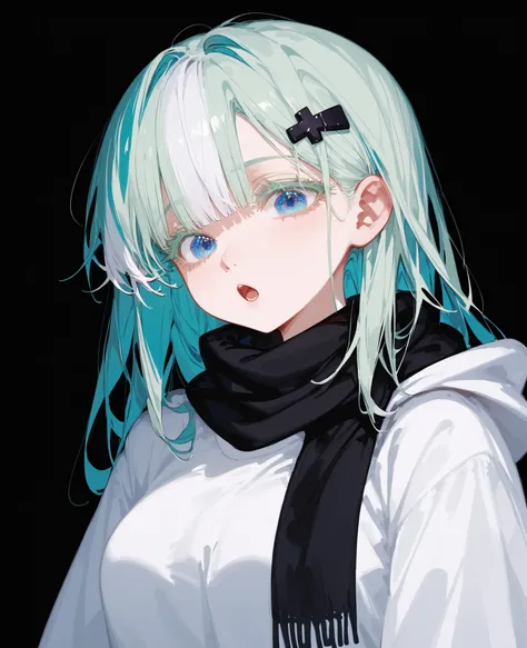 , white hair, multi colour,, light green hair,in black eyes, dawn,long hair, White Shirt,t-shirt,Hairpin XX,Long Eyelashes,,cute,black background,Blue Eyes, tomboy, ghoul eyes ,Oversized coat,Hooded tunic,runny nose,, put on a scarf ,Fever ,Open your mouth...