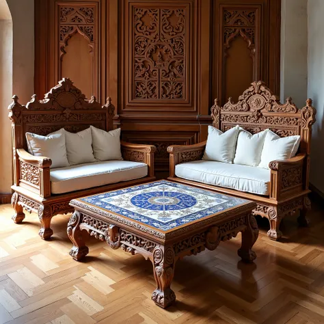 mughal, aka mughal, I want you to design a furniture suitable for Mughal architecture, so that the details of this furniture are clear. Let the furniture wooden carved flooring be decorated with geometric patterns printed with ajrap. Let this Furniture be ...
