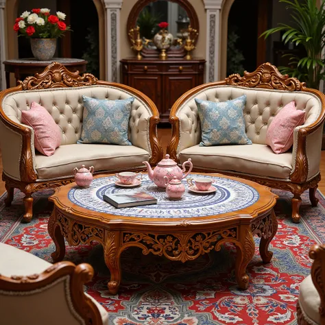 mughal, aka mughal, I want you to design a furniture suitable for Mughal architecture, so that the details of this furniture are clear. Let the furniture wooden carved upholstery be decorated with openwork printed geometric patterns. Let this Furniture be ...