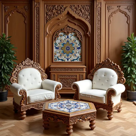 mughal, aka mughal, I want you to design a furniture suitable for Mughal architecture, so that the details of this furniture are clear. Let the furniture wooden carved flooring be decorated with geometric patterns printed with ajrap. Let this Furniture be ...