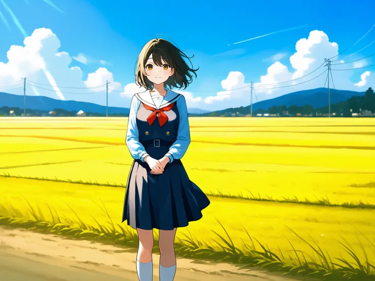 Slightly big-breasted middle school girl standing on the prairie