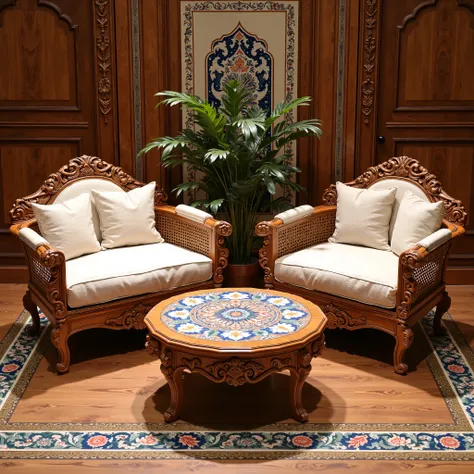 mughal, aka mughal, I want you to design a furniture suitable for Mughal architecture, so that the details of this furniture are clear. Let the furniture wooden carved flooring be decorated with geometric patterns printed with ajrap. Let this Furniture be ...