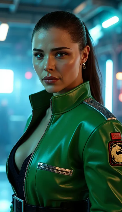 Here is a detailed prompt to generate an image **model** by Nicole man as **Sonya Blade**, focada na **upper body**, in a bright green military outfit and striking details, and a striking background: --- **"Hyper-realistic Close-up of Sarah Jessica Parker ...