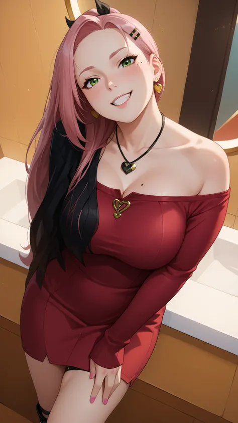 Girls smile, fair skin, long hair, big , big breats, big ass, big butt, sexy body, sexy girls, thic body, beautiful girls, dress, red dress colors, nails colors, pink nails colors, in room, indoor, sexy pose, ultra realistic graphic, gaze looking at the ca...