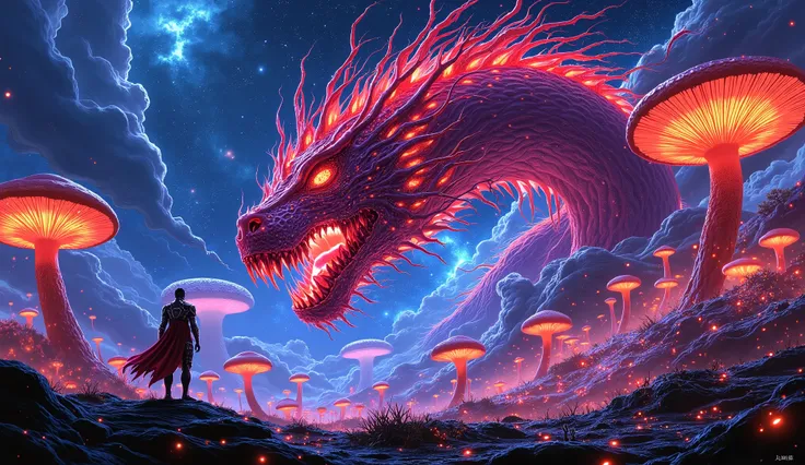 scifi, digital painting, action paint, Korea, taoismo, Sacred Beasts, modern Knight in powered armor, fight, mythical beasts, forest of giant irisdecent mushrooms, Night, space background, palette Neon colors: digital airbrush, precisely detailed resource...