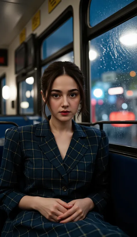 Beautiful nervous brunette wearing an old-fashioned blue plaid dress riding in the back of a public bus at midnight, the city night rainy lights visible outside through the windows.