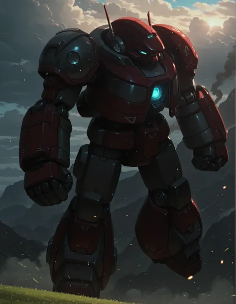masterpiece, best quality, amazing quality, Anime Screencap. BREAK. mecha, robot, no_humans, solo, large_robot, futuristic, sci-fi, armored, metallic, red_armor, grey_armor, glowing_eyes, green_glow, glowing_core, energy_core, smoke, steam, heavy_armor, bu...