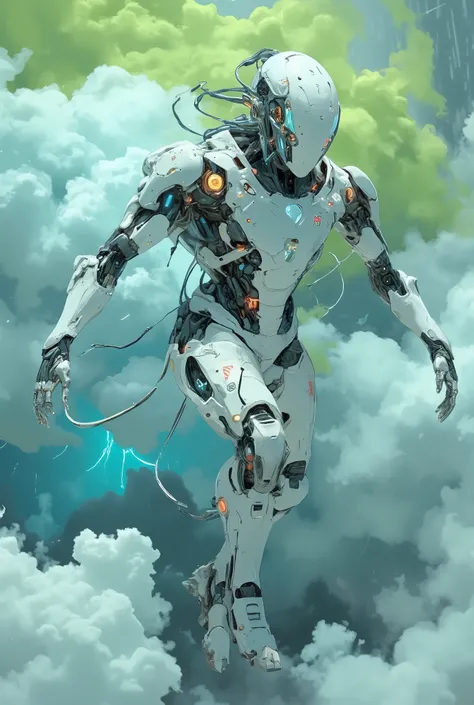 digital art in the KNS style, CK-NCR style,super-perfect concept- A humanoid robot making a throw in the air, hovering among a sky filled with blue clouds, a white, shiny ceramic skin-tight mega-detailed suit, metal parts and arm extensions have a futurist...