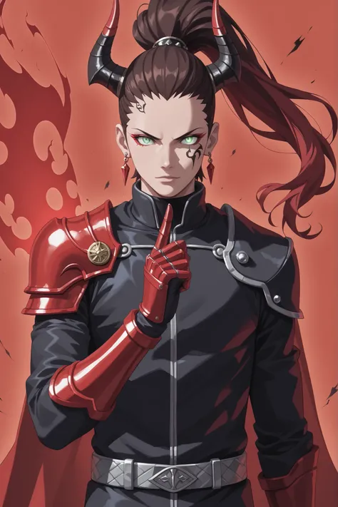 Masterpiece, ultra-detailed, 4K, HD, perfect lighting, cinematic and dramatic, dark fantasy, ethereal, hellish transformation, Jigoku warrior. (Shadowy figure with demon horns curving sharply), ((glowing crimson or violet face tattoos with intricate infern...