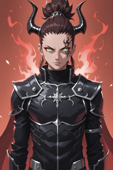 Masterpiece, ultra-detailed, 4K, HD, perfect lighting, cinematic and dramatic, dark fantasy, ethereal, hellish transformation, Jigoku warrior. (Shadowy figure with demon horns curving sharply), ((glowing crimson or violet face tattoos with intricate infern...