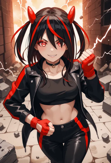 Score_9, Score_8_up, Score_7_up, bright skin: 0.1, anime_source, deep skin, high quality, high resolution, (curvy), ((wide hips)), medium breasts, cute, sexy, 1 girl, BREAK HaneruEmi, HaneruEmi, long hair, black hair, red highlights, red eyeshadow, red eye...
