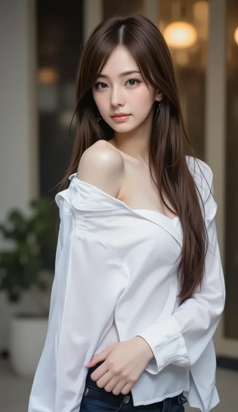 RAW photo, Staring at the Camera, ((Best Quality, 8k, masterpiece: 1.3)), sharp concentration: 1.2, white shirt, Beautiful Features, best smile, cute smile, perfect style: 1.4, Slim Abs: 1.2, dark brown hair, (natural light, Town Town : 1.1), extremely de...