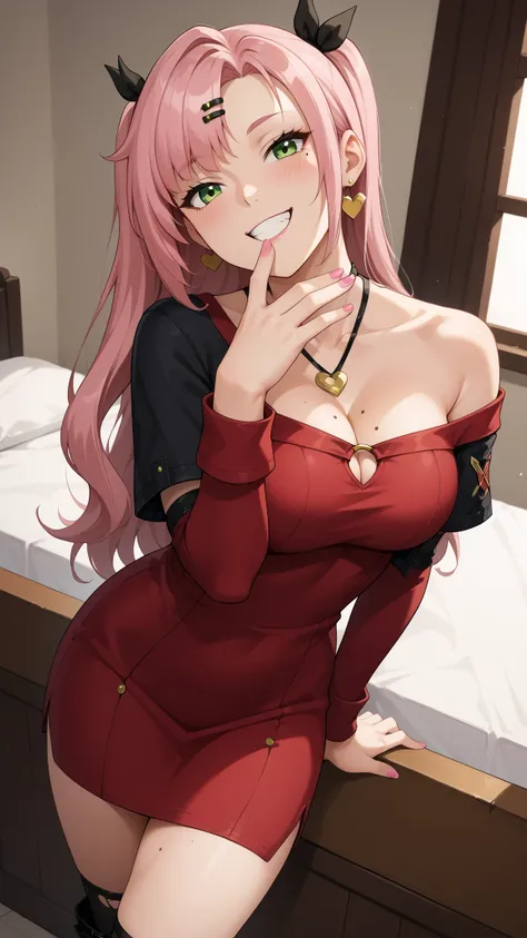 Girls smile, fair skin, long hair, big , big breats, big ass, big butt, sexy body, sexy girls, thic body, beautiful girls, dress, red dress colors, nails colors, pink nails colors, in room, indoor, sexy pose, ultra realistic graphic, gaze looking at the ca...