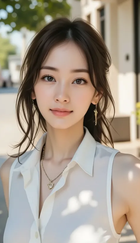 RAW photo, Staring at the Camera, ((Best Quality, 8k, masterpiece: 1.3)), sharp concentration: 1.2, white shirt, Beautiful Features, best smile, cute smile, perfect style: 1.4, Slim Abs: 1.2, dark brown hair, (natural light, Town Town : 1.1), extremely de...
