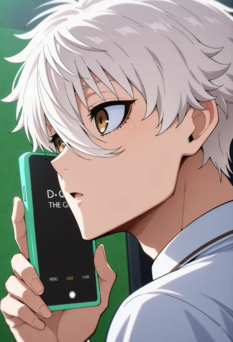obra-prima, best quality, , (3D trend:0.4), , , 1 menino, Sozinho, male focus, seishirou_nagi,  white hair , brown eyes, short hair, franja, hair between the eyes, , Do I make him play the game on the cell phone 