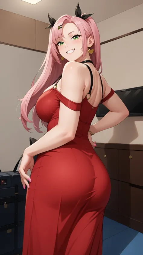 Girls smile, fair skin, long hair, big , big breats, big ass, big butt, sexy body, sexy girls, thic body, beautiful girls, dress, red dress colors, nails colors, pink nails colors, in room, indoor, sexy pose, ultra realistic graphic, gaze looking at the ca...